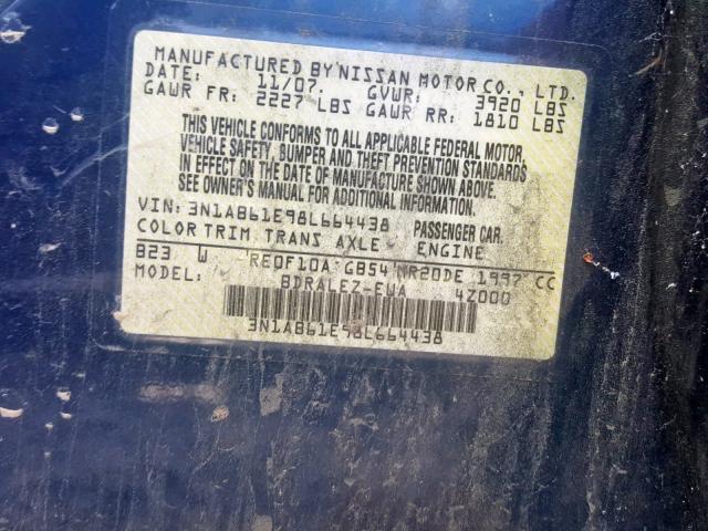 3N1AB61E98L664438 - 2008 NISSAN SENTRA 2.0 BLUE photo 10