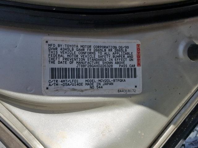 JT8BF28G4X0226328 - 1999 LEXUS ES 300 GOLD photo 10