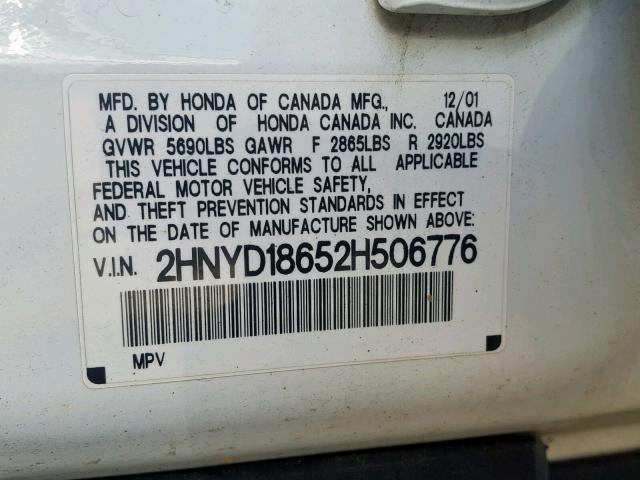 2HNYD18652H506776 - 2002 ACURA MDX TOURIN WHITE photo 10