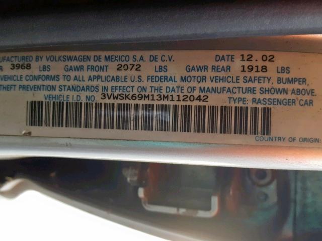 3VWSK69M13M112042 - 2003 VOLKSWAGEN JETTA GLS SILVER photo 10