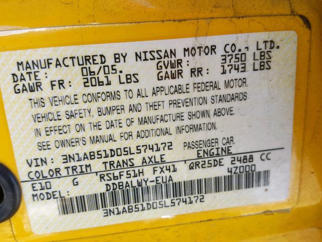 3N1AB51D05L574172 - 2005 NISSAN SENTRA SE- YELLOW photo 10