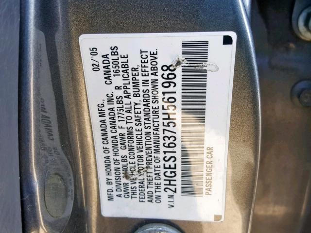 2HGES16375H561968 - 2005 HONDA CIVIC DX V GRAY photo 10