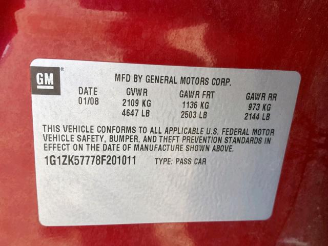 1G1ZK57778F201011 - 2008 CHEVROLET MALIBU LTZ 红色 照片 10