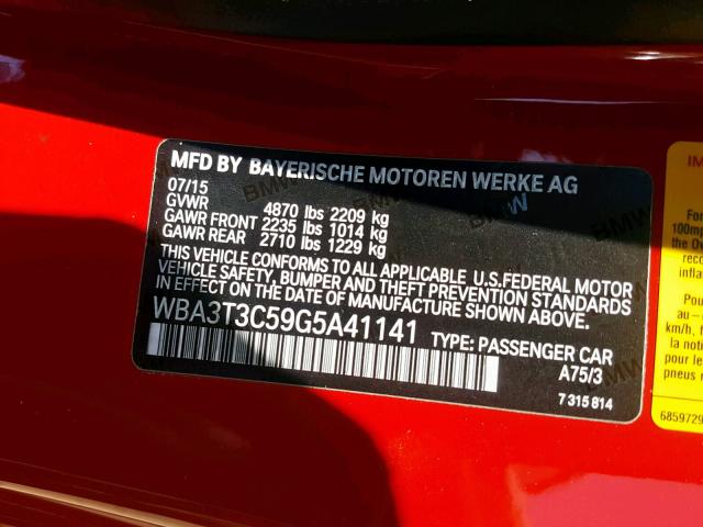 WBA3T3C59G5A41141 - 2016 BMW 435 I RED photo 10