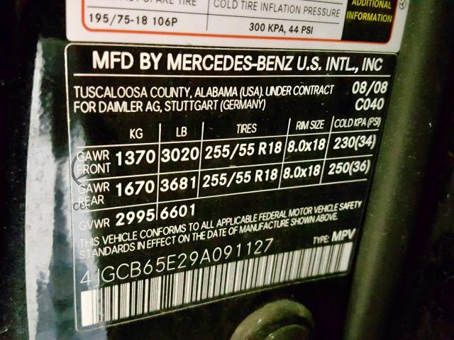 4JGCB65E29A091127 - 2009 MERCEDES-BENZ R 350 4MAT BLACK photo 10