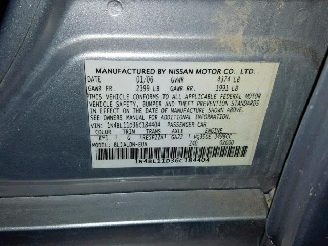 1N4BL11D36C184404 - 2006 NISSAN ALTIMA SE SILVER photo 10