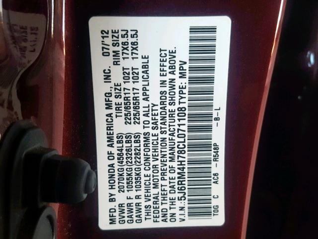 5J6RM4H78CL071108 - 2012 HONDA CR-V EXL MAROON photo 10