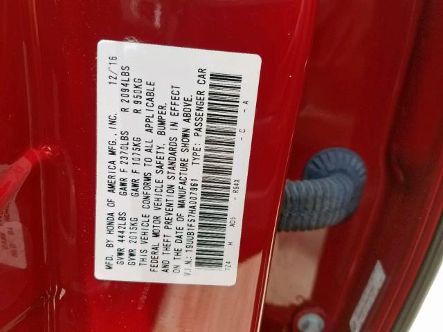 19UUB1F57HA007961 - 2017 ACURA TLX TECH RED photo 10