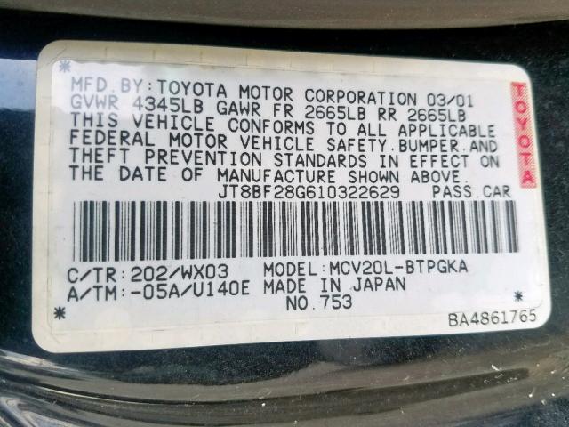 JT8BF28G610322629 - 2001 LEXUS ES 300 BLACK photo 10