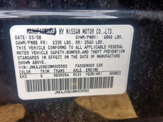 JNKAJ09E08M305582 - 2008 INFINITI EX35 BASE BLACK photo 10