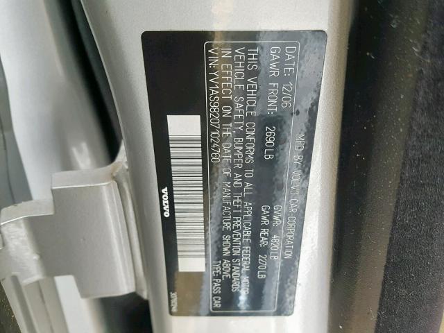 YV1AS982071024760 - 2007 VOLVO S80 3.2 SILVER photo 10