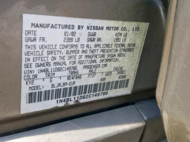 1N4BL11D82C149786 - 2002 NISSAN ALTIMA SE GRAY photo 10