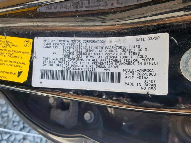 JTJGF10U420133513 - 2002 LEXUS RX 300 BLACK photo 10