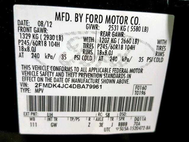 2FMDK4JC4DBA79961 - 2013 FORD EDGE SEL BLACK photo 10