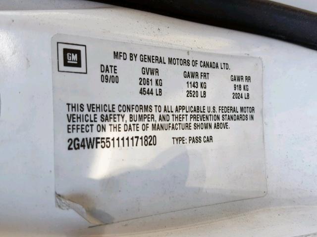 2G4WF551111171820 - 2001 BUICK REGAL GS WHITE photo 10