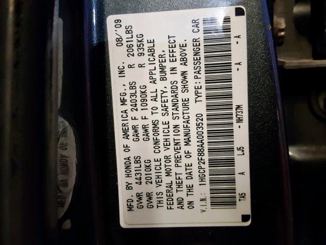 1HGCP2F88AA003520 - 2010 HONDA ACCORD EXL GRAY photo 10