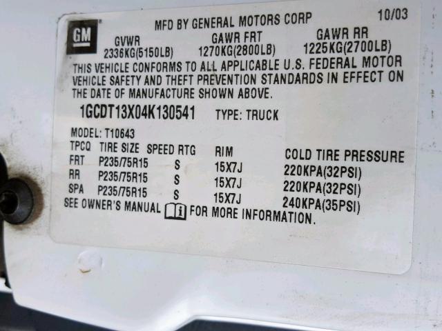 1GCDT13X04K130541 - 2004 CHEVROLET S TRUCK S1 WHITE photo 10