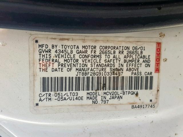 JT8BF28G910334497 - 2001 LEXUS ES 300 WHITE photo 10