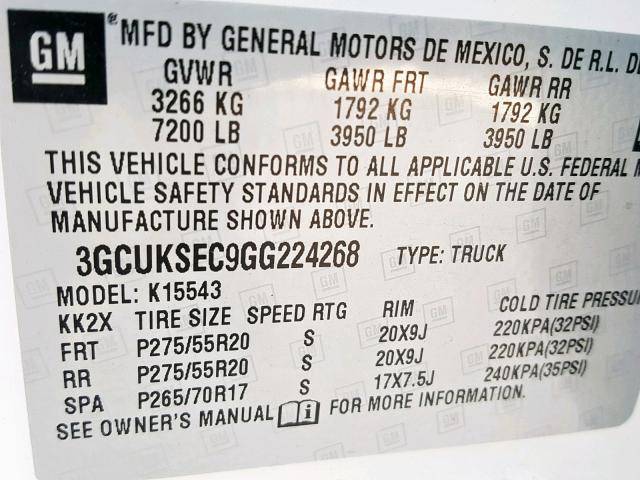 3GCUKSEC9GG224268 - 2016 CHEVROLET SILVERADO WHITE photo 10