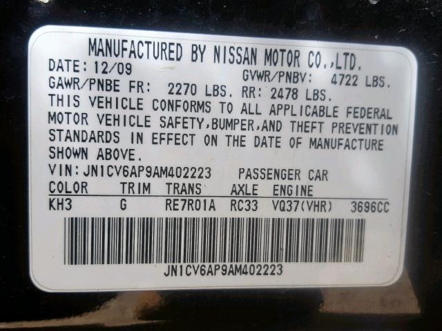 JN1CV6AP9AM402223 - 2010 INFINITI G37 BASE BLACK photo 10