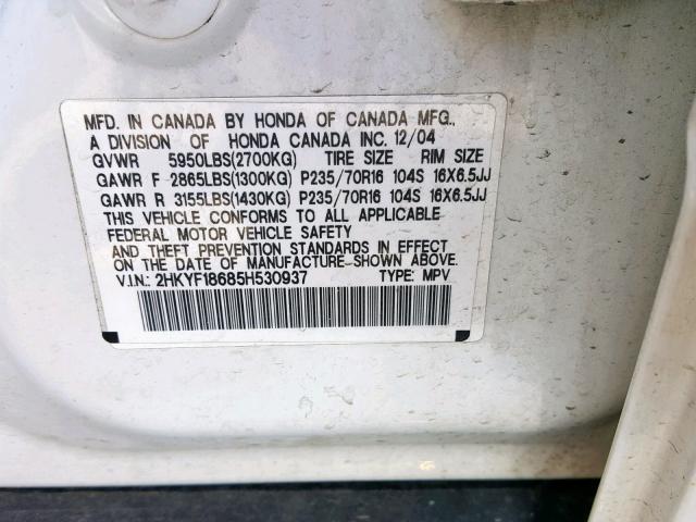 2HKYF18685H530937 - 2005 HONDA PILOT EXL WHITE photo 10