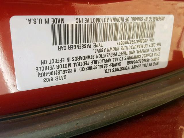 4S3BH675937660877 - 2003 SUBARU LEGACY OUT RED photo 10