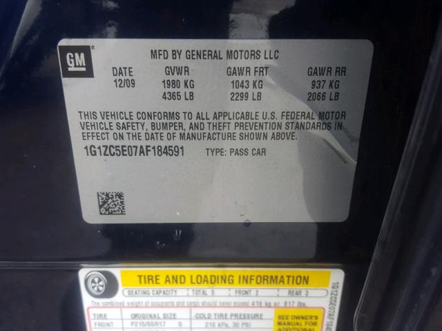 1G1ZC5E07AF184591 - 2010 CHEVROLET MALIBU 1LT 蓝色 照片 10