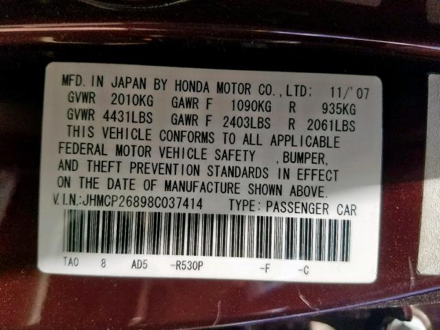 JHMCP26898C037414 - 2008 HONDA ACCORD EXL BURGUNDY photo 10