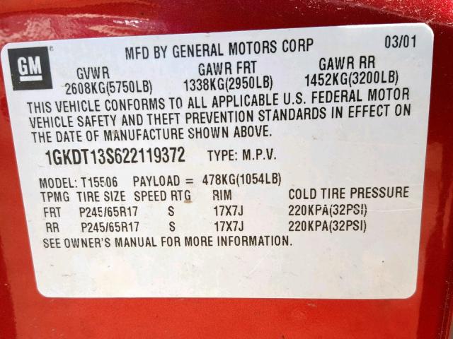 1GKDT13S622119372 - 2002 GMC ENVOY MAROON photo 10