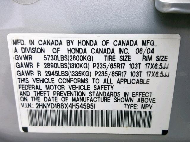 2HNYD188X4H545951 - 2004 ACURA MDX TOURIN SILVER photo 10