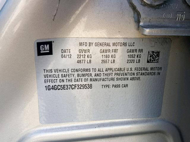 1G4GC5E37CF329538 - 2012 BUICK LACROSSE BEIGE photo 10