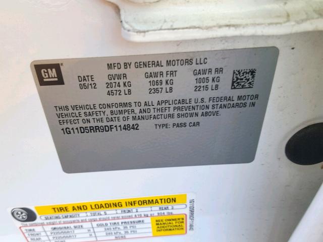 1G11D5RR9DF114842 - 2013 CHEVROLET MALIBU 1LT 白色 照片 10