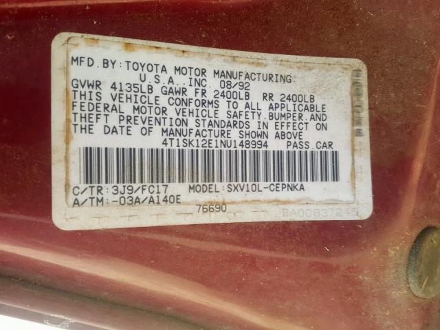 4T1SK12E1NU148994 - 1992 TOYOTA CAMRY LE RED photo 10