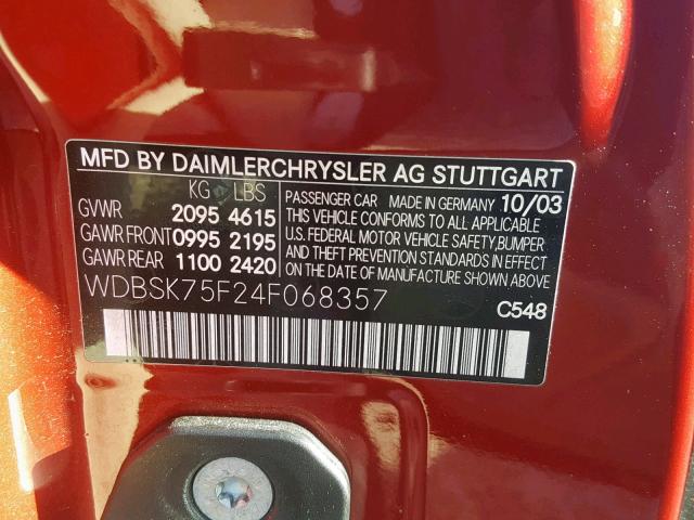 WDBSK75F24F068357 - 2004 MERCEDES-BENZ SL 500 RED photo 10