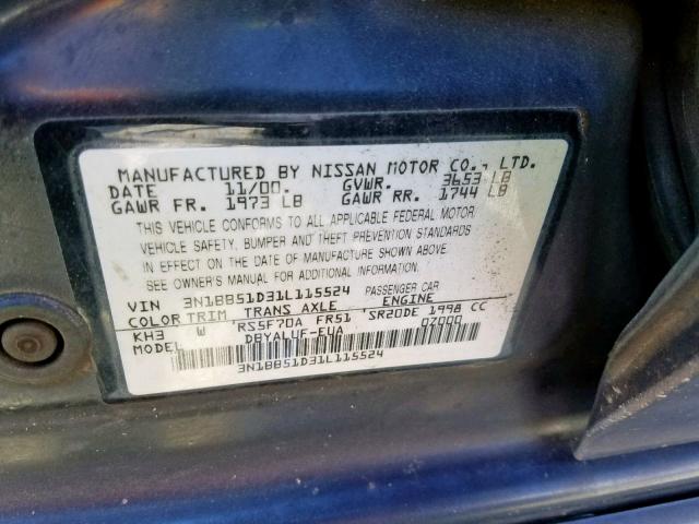 3N1BB51D31L115524 - 2001 NISSAN SENTRA SE BLACK photo 10