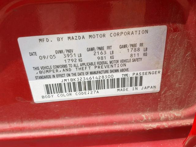 JM1BK323461428300 - 2006 MAZDA 3 S RED photo 10