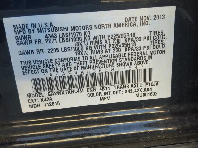 4A4AP4AU3EE017547 - 2014 MITSUBISHI OUTLANDER BLACK photo 10