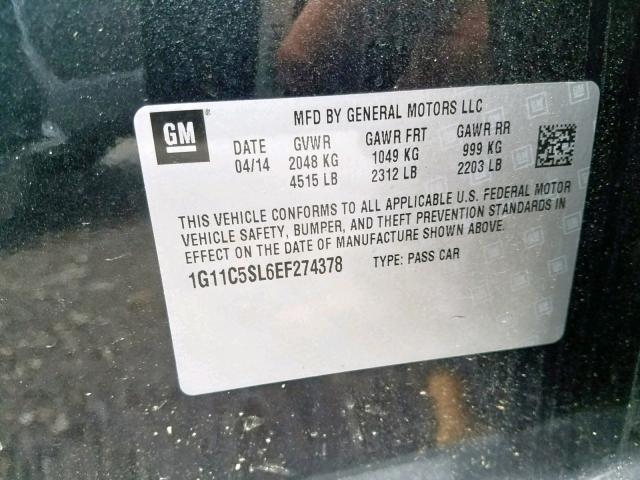 1G11C5SL6EF274378 - 2014 CHEVROLET MALIBU 1LT 黑色 照片 10