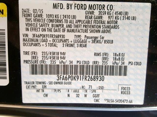 3FA6P0K91FR268930 - 2015 FORD FUSION TIT BLACK photo 10