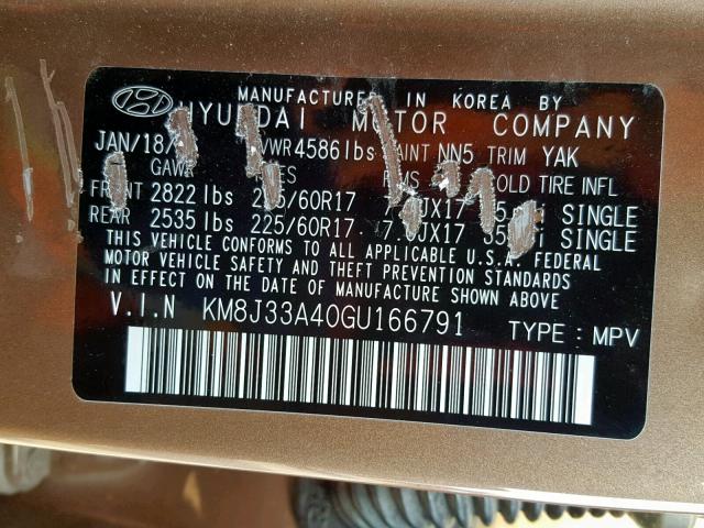 KM8J33A40GU166791 - 2016 HYUNDAI TUCSON LIM BROWN photo 10