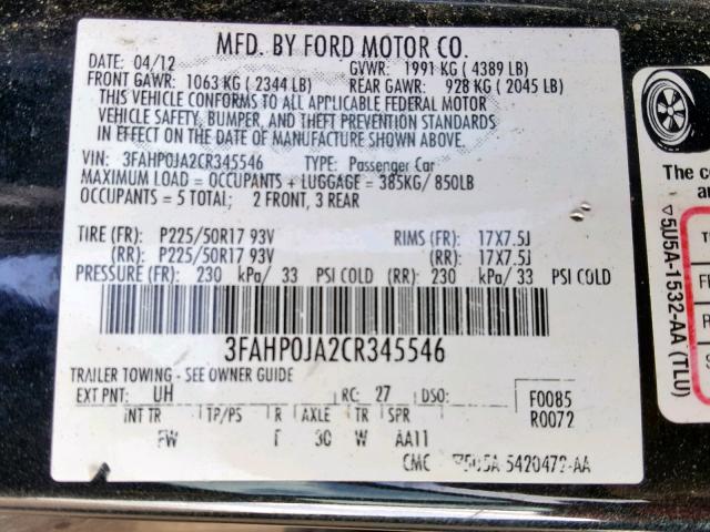 3FAHP0JA2CR345546 - 2012 FORD FUSION SEL BLACK photo 10