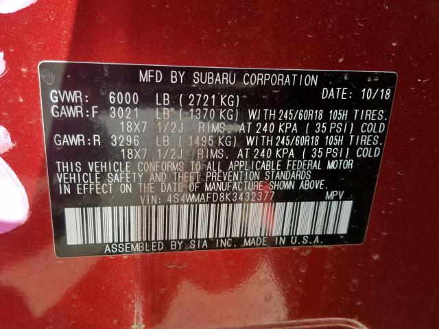 4S4WMAFD8K3432377 - 2019 SUBARU ASCENT PRE RED photo 10