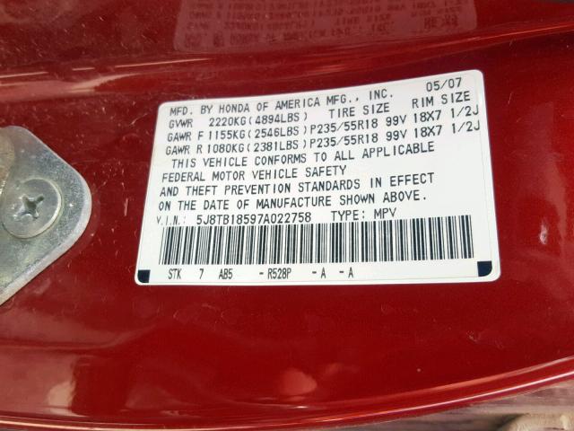 5J8TB18597A022758 - 2007 ACURA RDX TECHNO RED photo 10