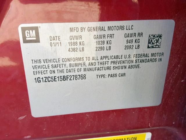 1G1ZC5E15BF278768 - 2011 CHEVROLET MALIBU 1LT 栗色 照片 10