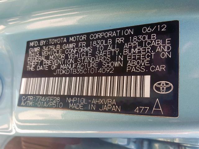 JTDKDTB35C1014092 - 2012 TOYOTA PRIUS C BLUE photo 10