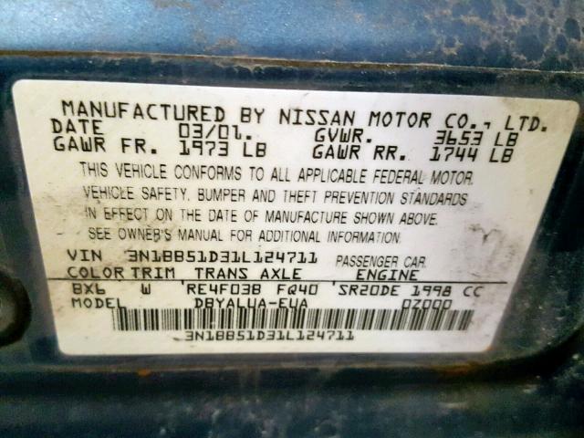 3N1BB51D31L124711 - 2001 NISSAN SENTRA SE BLUE photo 10