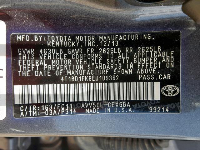 4T1BD1FK8EU109362 - 2014 TOYOTA CAMRY HYBR GRAY photo 10