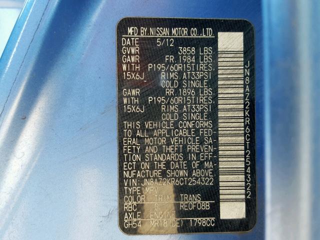 JN8AZ2KR6CT254322 - 2012 NISSAN CUBE BASE BLUE photo 10