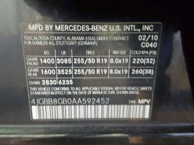 4JGBB8GB0AA592452 - 2010 MERCEDES-BENZ ML 350 4MA BLACK photo 10