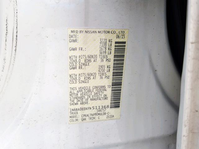 1N6BA0EDXFN511368 - 2015 NISSAN TITAN S WHITE photo 10